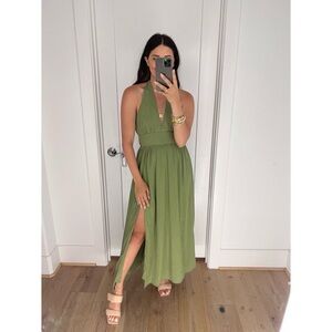 Abercrombie & Fitch Plunge Halter Maxi Dress Slit Open Back Olive Green Textured
